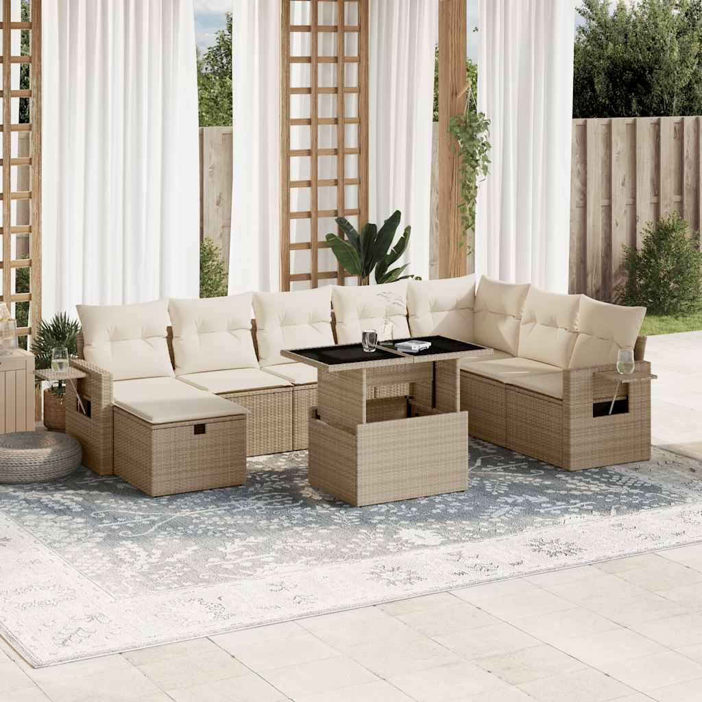 9-tlg. Garten-Sofagarnitur mit Kissen Beige Poly Rattan