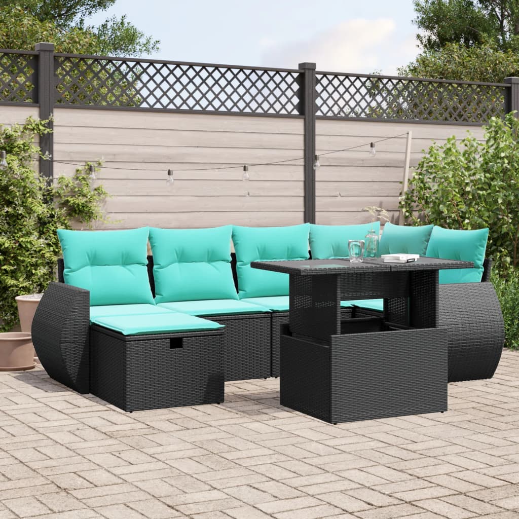7-teiliges Gartensofa-Set mit Kissen, schwarzes Polyrattan