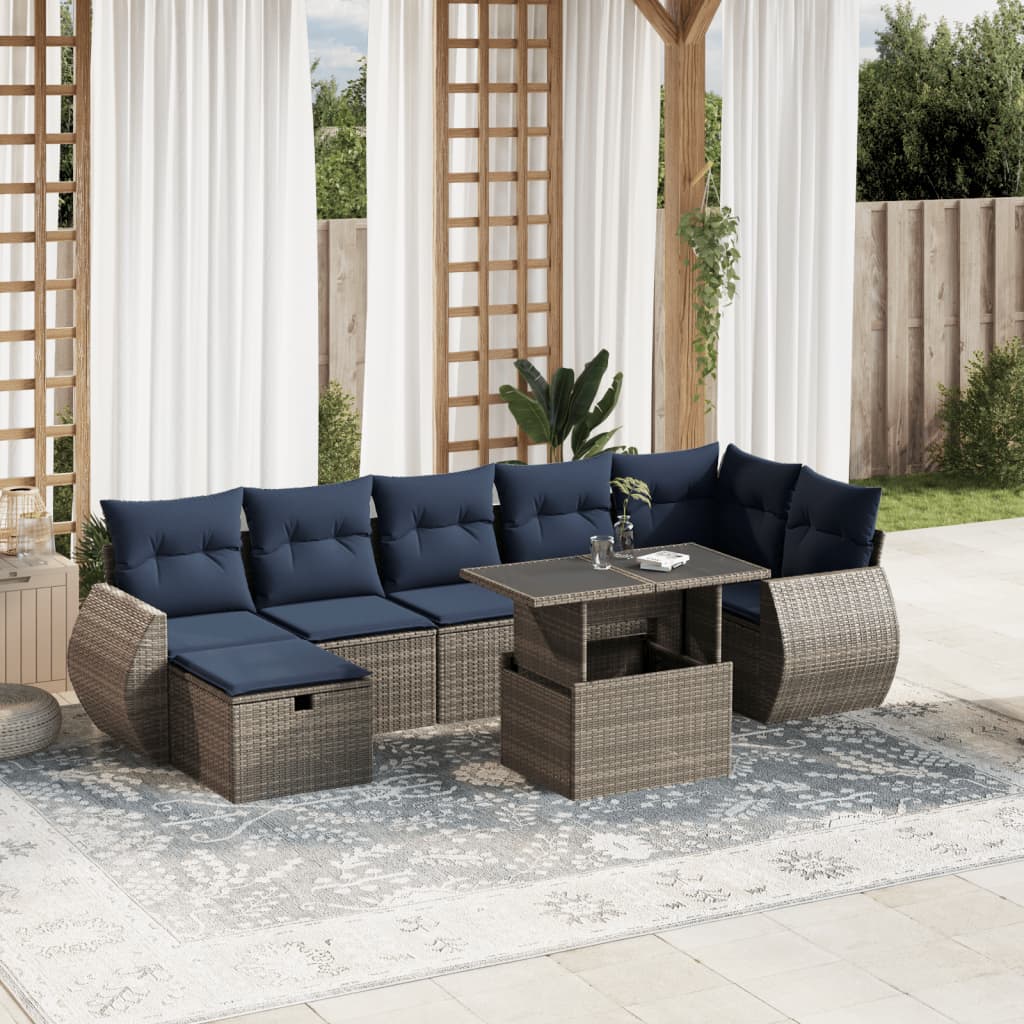 8-teiliges Gartensofa-Set mit Kissen, grau, Polyrattan