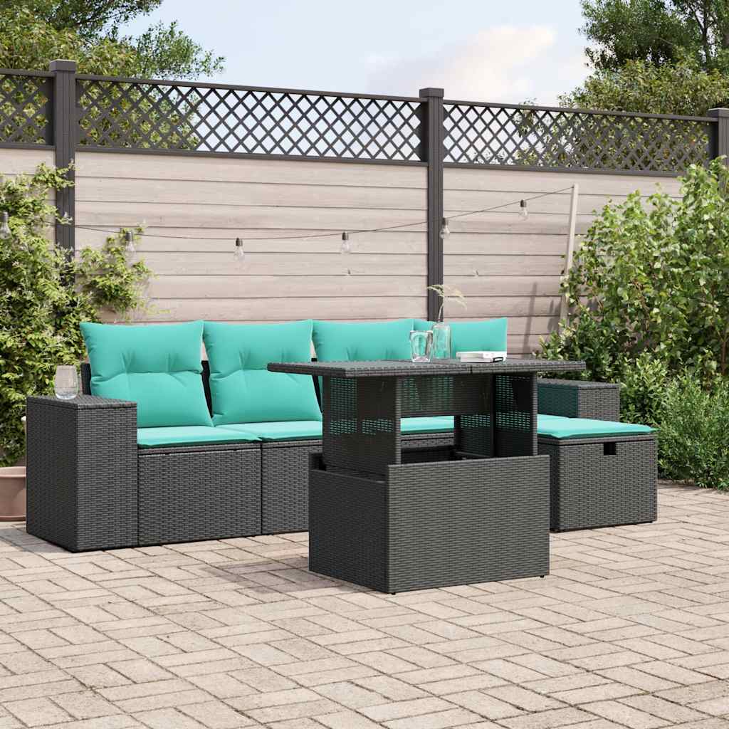 6-teiliges Gartensofa-Set mit Kissen, schwarzes Polyrattan