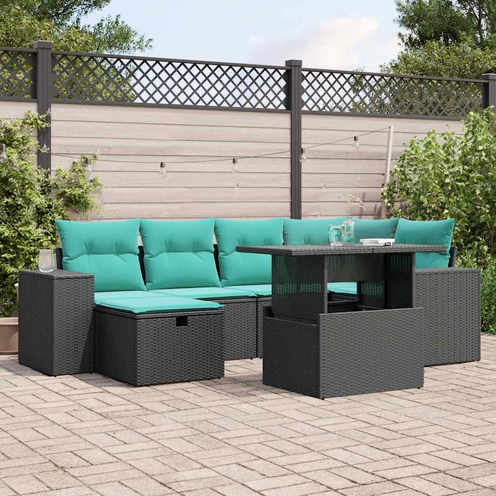7-teiliges Gartensofa-Set mit Kissen, schwarzes Polyrattan