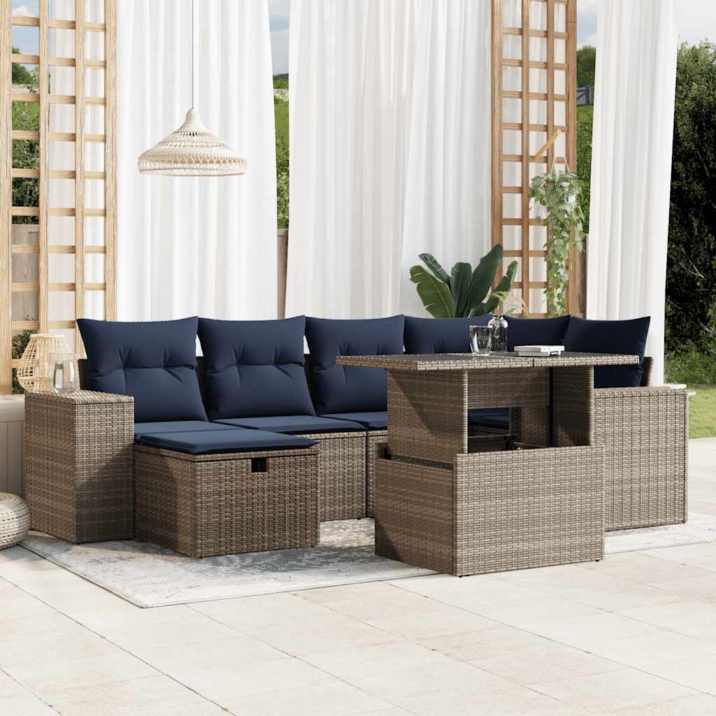 7-teiliges Gartensofa-Set mit Kissen, grau, Polyrattan