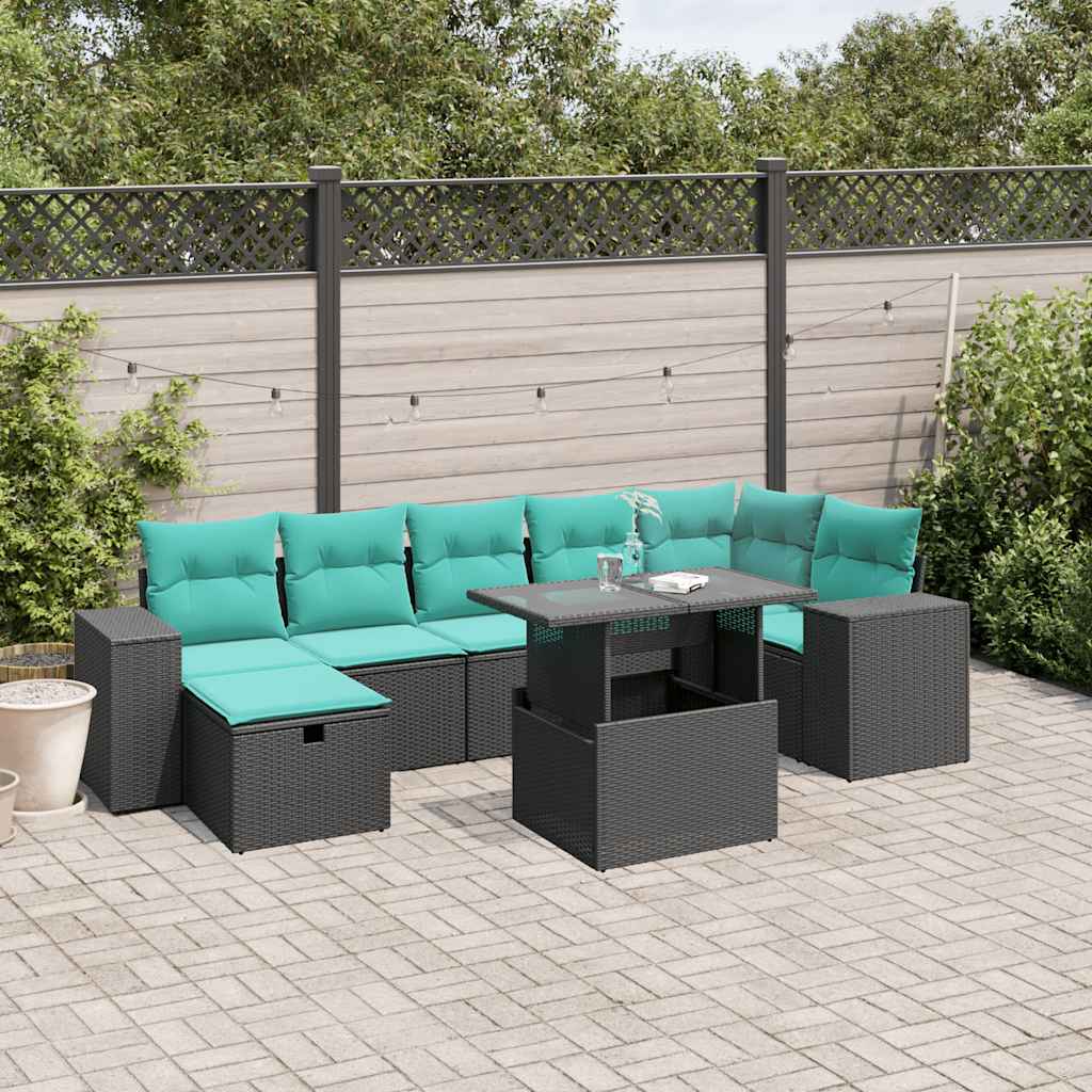 8-teiliges Gartensofa-Set mit Kissen, schwarzes Polyrattan