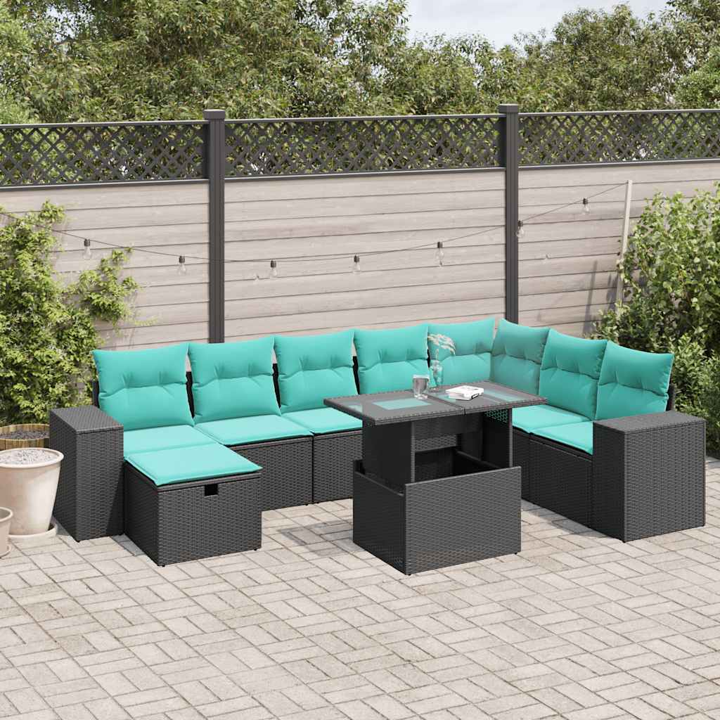 9-teiliges Gartensofa-Set mit Kissen, schwarzes Polyrattan