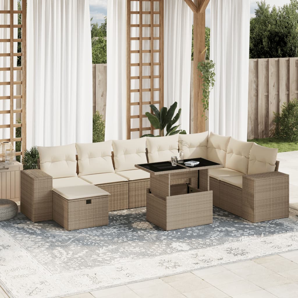 9-tlg. Garten-Sofagarnitur mit Kissen Beige Poly Rattan
