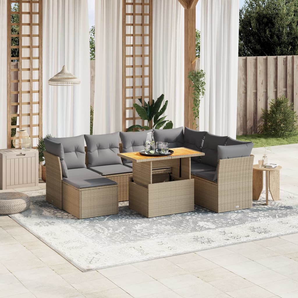 8-tlg. Garten-Sofagarnitur mit Kissen Beige Poly Rattan