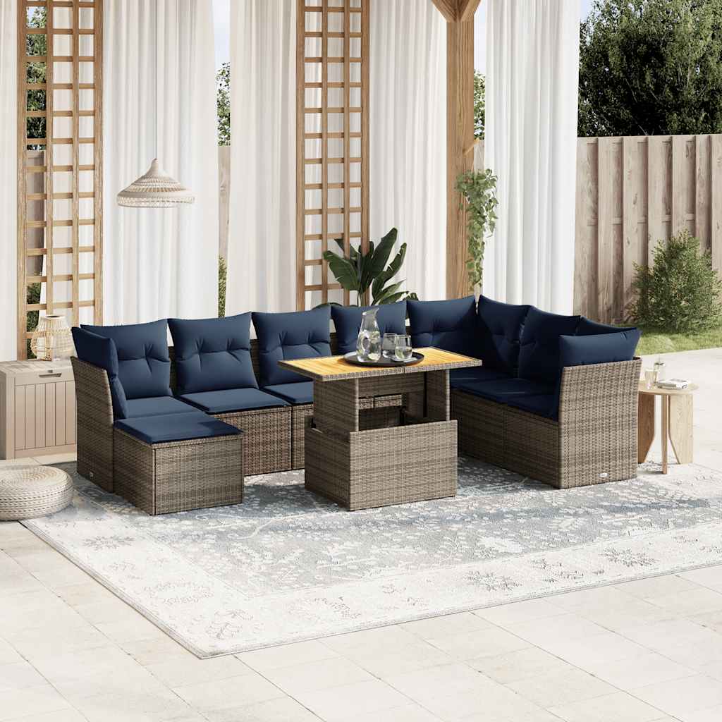 9-tlg. Garten-Sofagarnitur mit Kissen Grau Poly Rattan