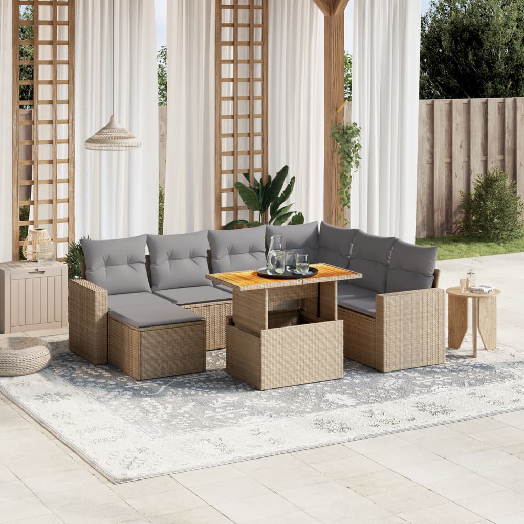 8-tlg. Garten-Sofagarnitur mit Kissen Beige Poly Rattan
