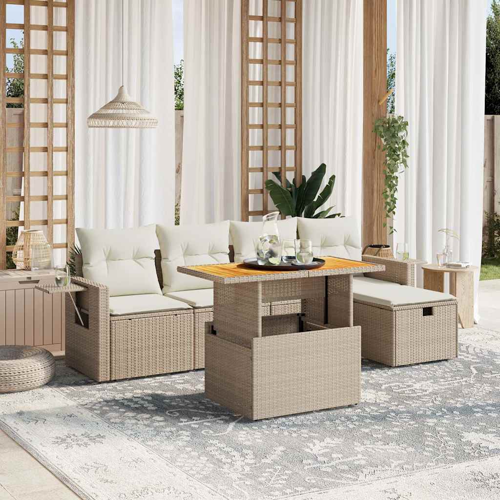 6-tlg. Garten-Sofagarnitur mit Kissen Beige Poly Rattan