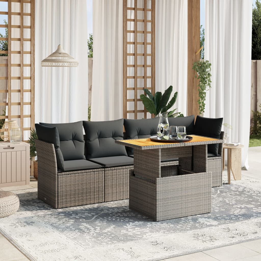 5-tlg. Garten-Sofagarnitur mit Kissen Grau Poly Rattan