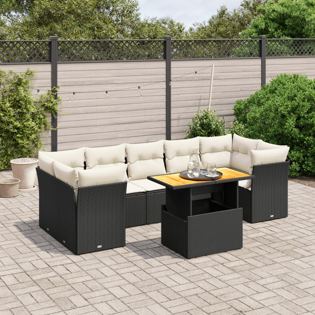 8-tlg. Garten-Sofagarnitur mit Kissen Schwarz Poly Rattan