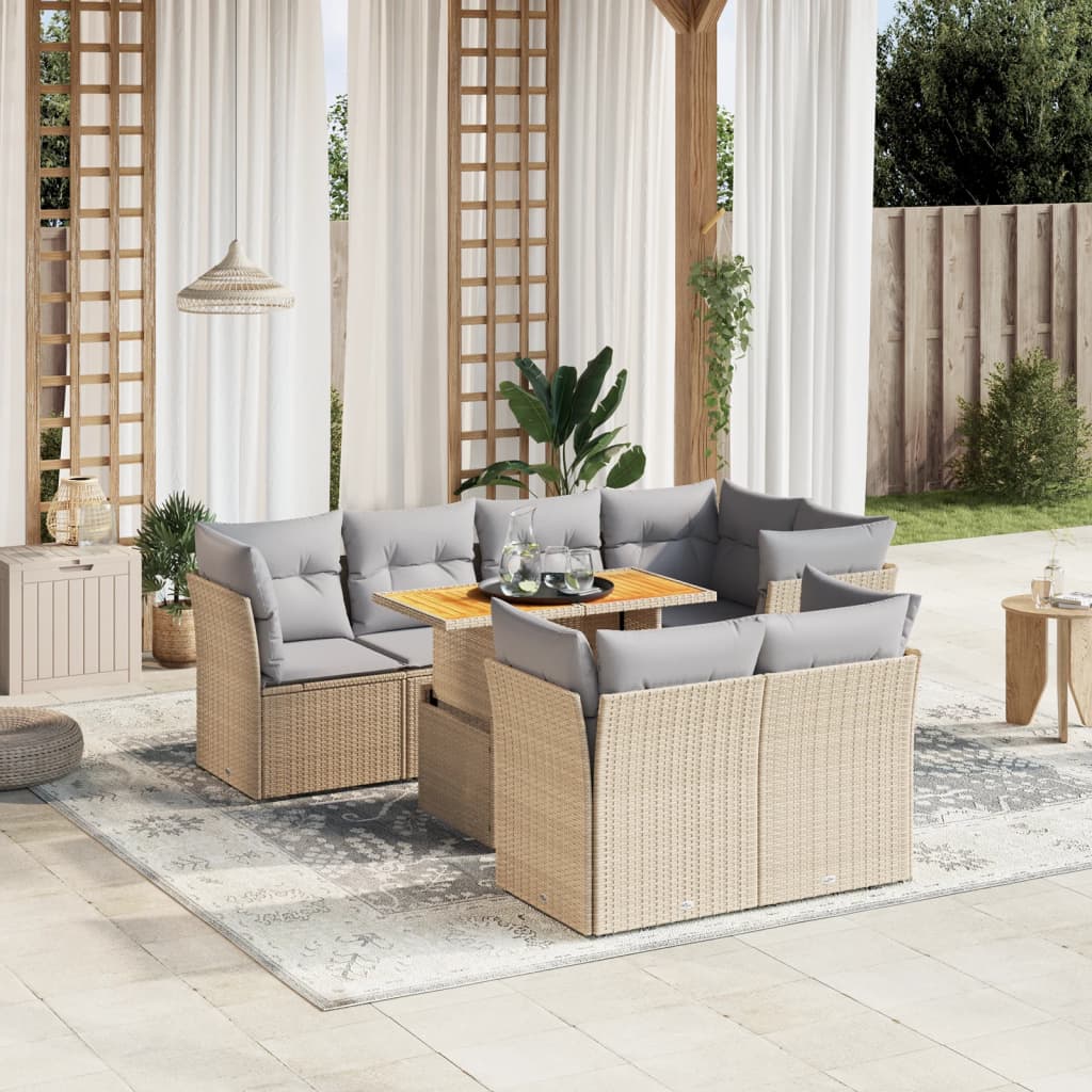 8-tlg. Garten-Sofagarnitur mit Kissen Beige Poly Rattan