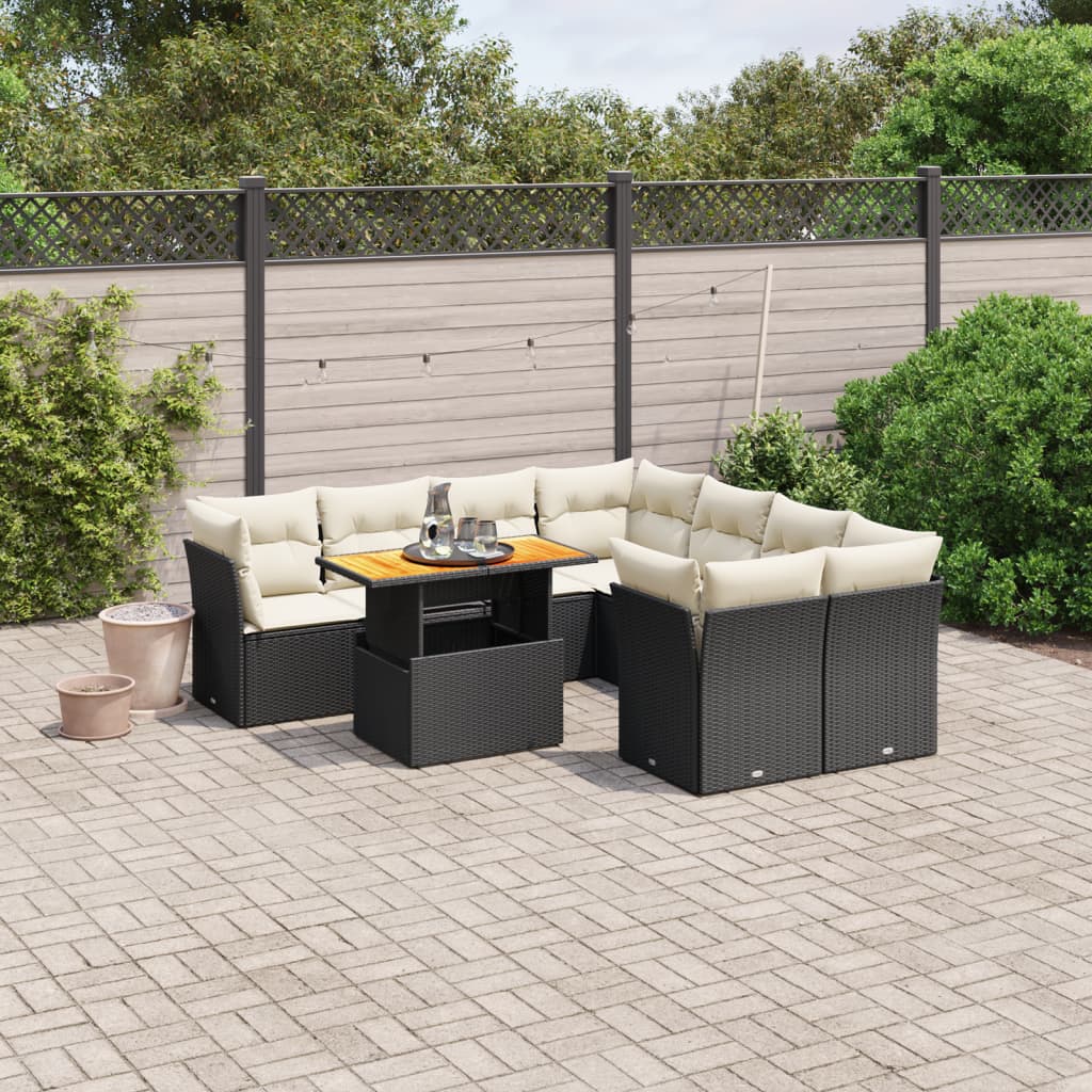 9-tlg. Garten-Sofagarnitur mit Kissen Schwarz Poly Rattan
