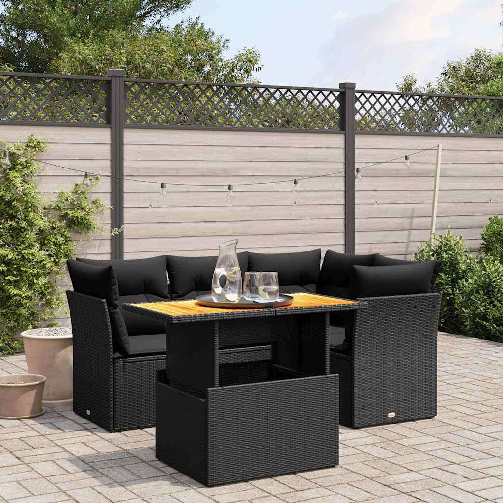 5-tlg. Garten-Sofagarnitur mit Kissen Schwarz Poly Rattan