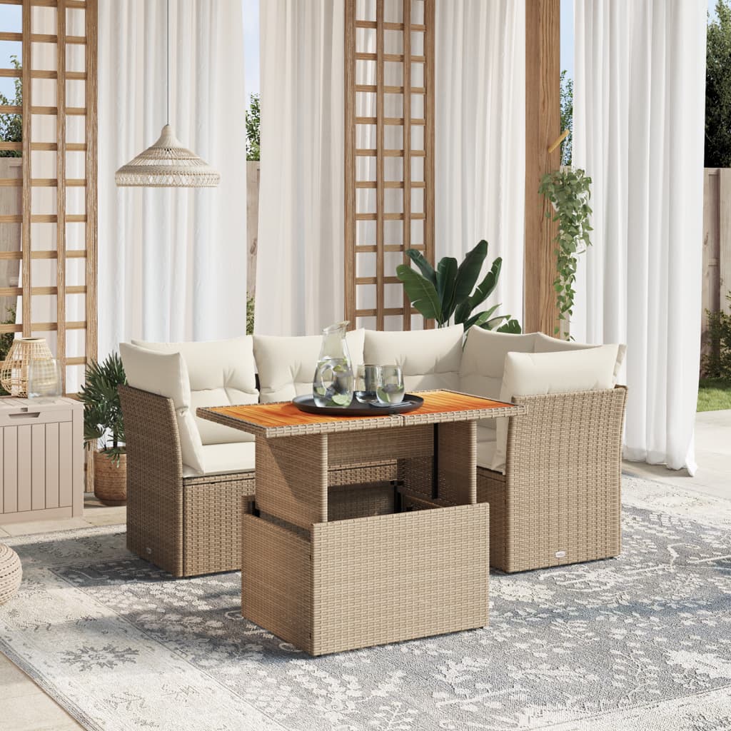5-tlg. Garten-Sofagarnitur mit Kissen Beige Poly Rattan