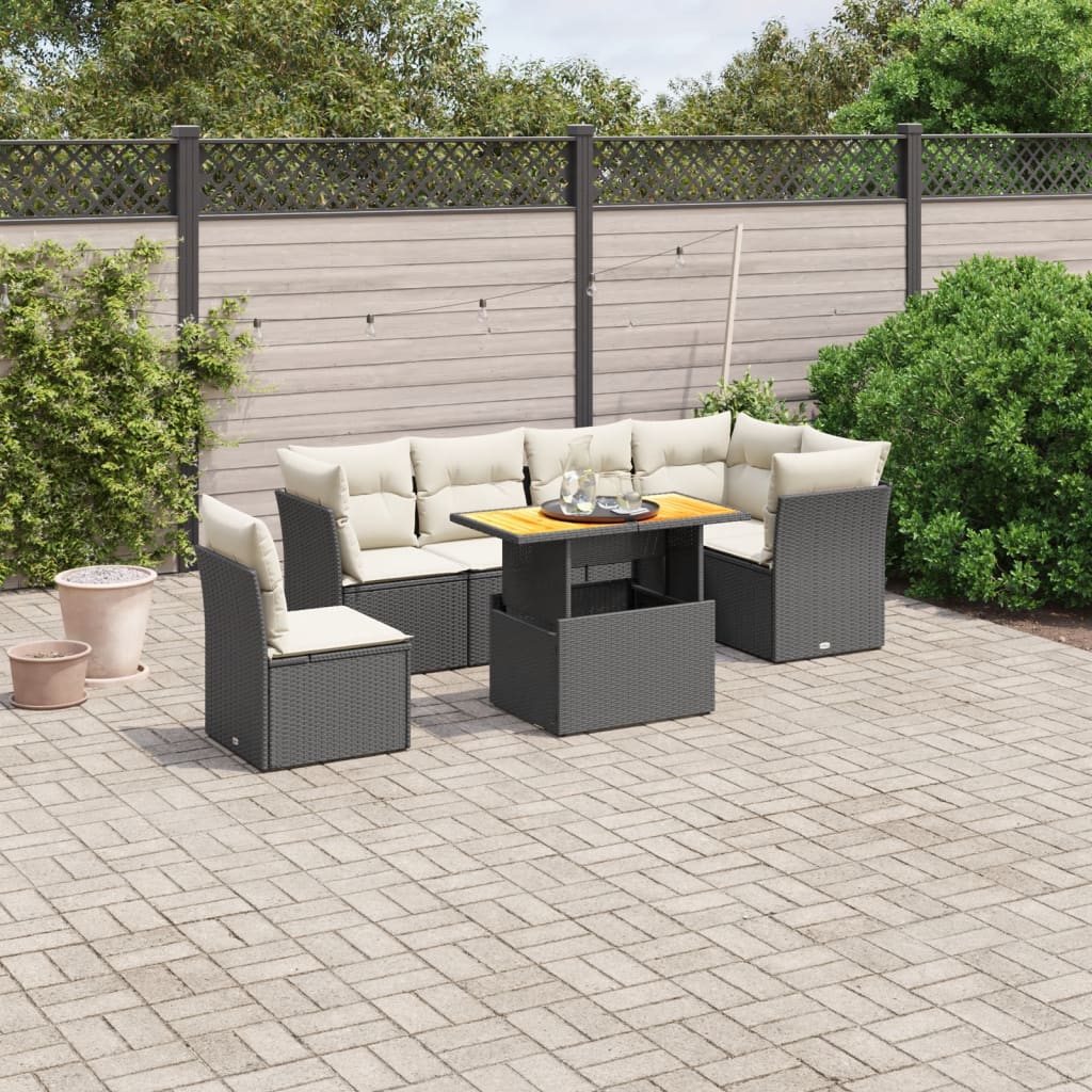7-tlg. Garten-Sofagarnitur mit Kissen Schwarz Poly Rattan