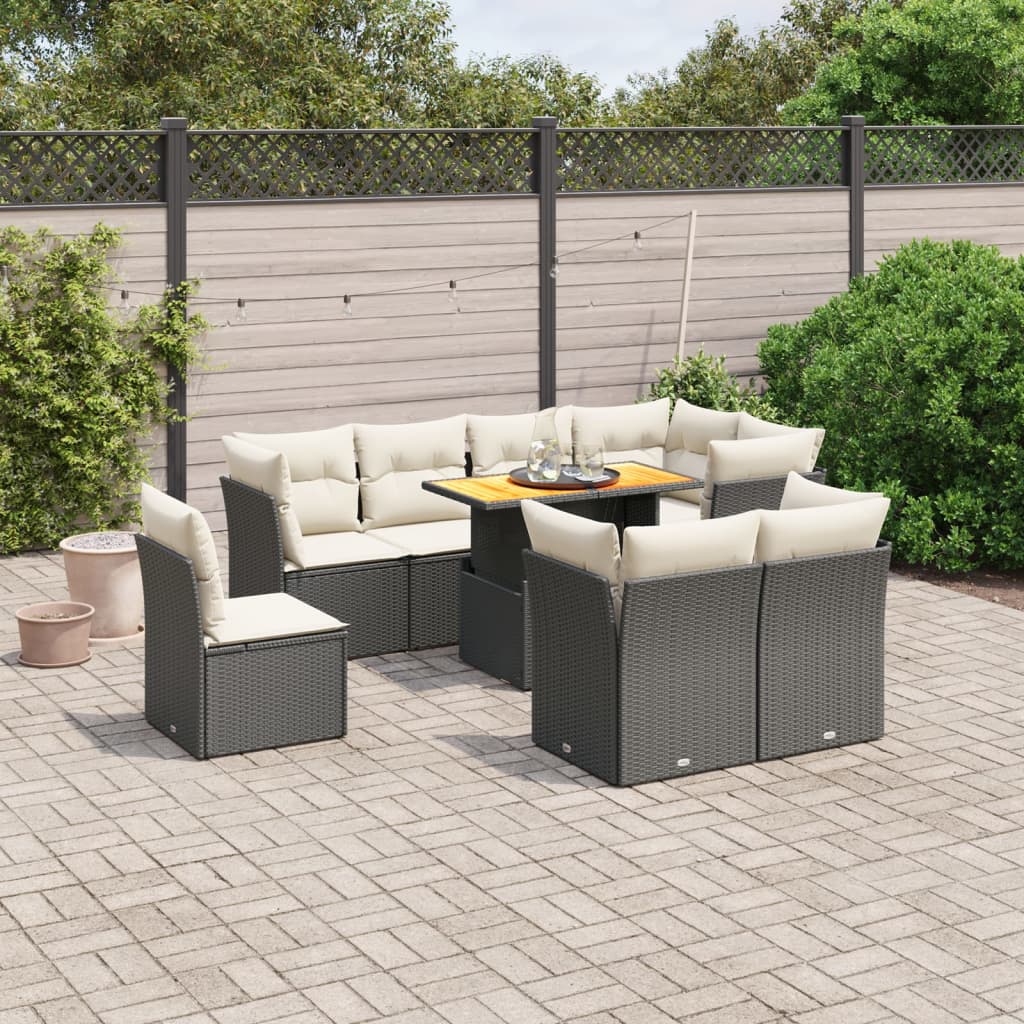 9-tlg. Garten-Sofagarnitur mit Kissen Schwarz Poly Rattan