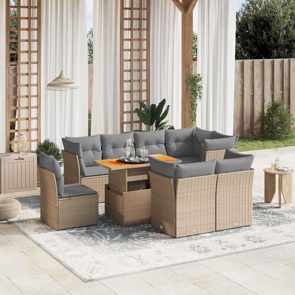 9-tlg. Garten-Sofagarnitur mit Kissen Beige Poly Rattan