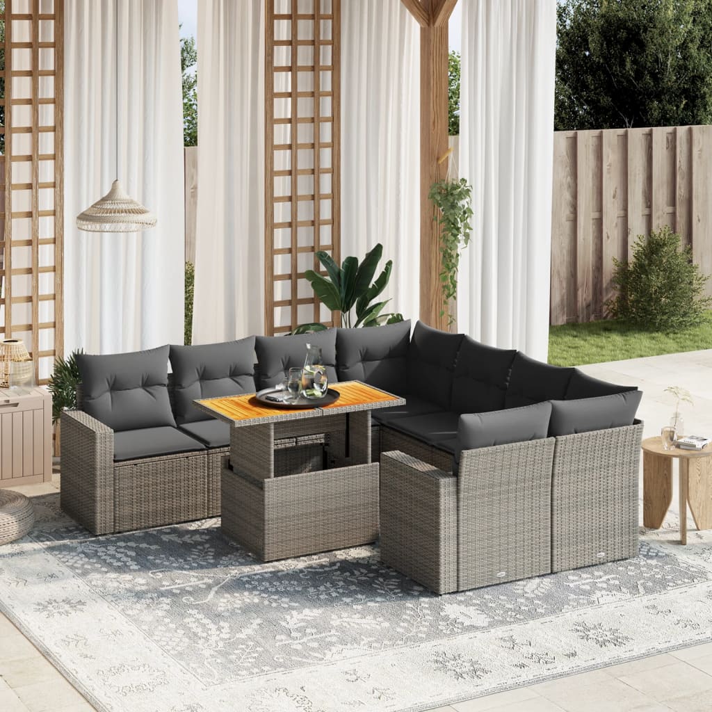 9-tlg. Garten-Sofagarnitur mit Kissen Grau Poly Rattan