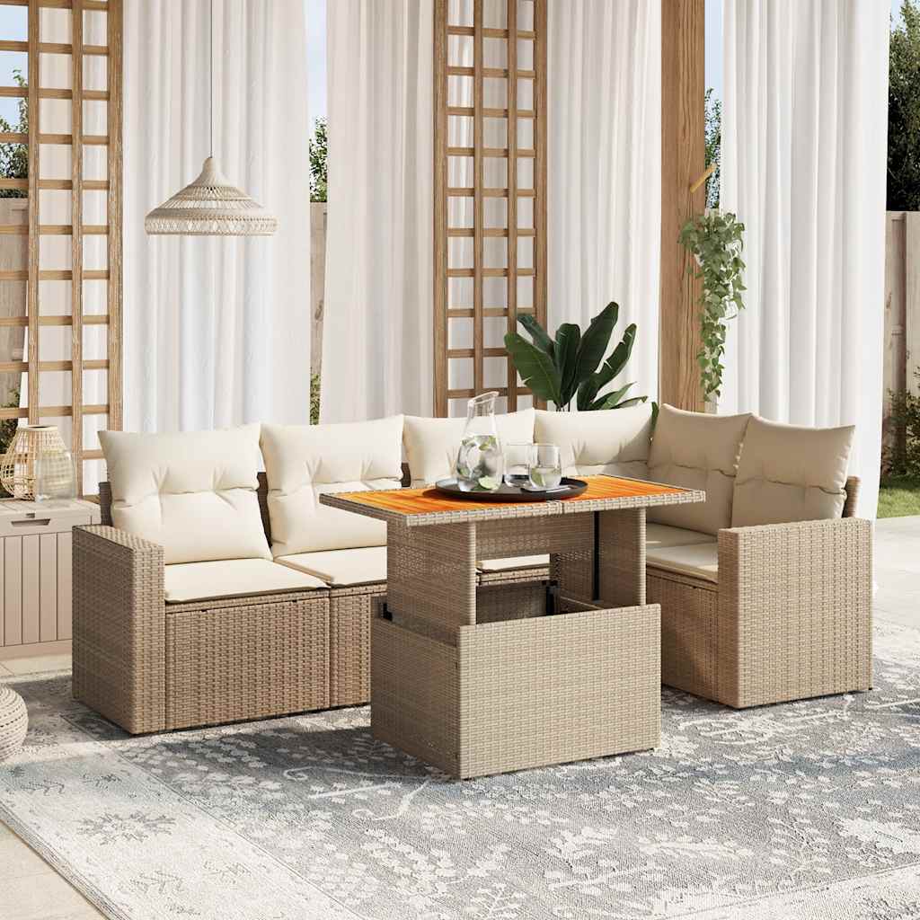 6-tlg. Garten-Sofagarnitur mit Kissen Beige Poly Rattan