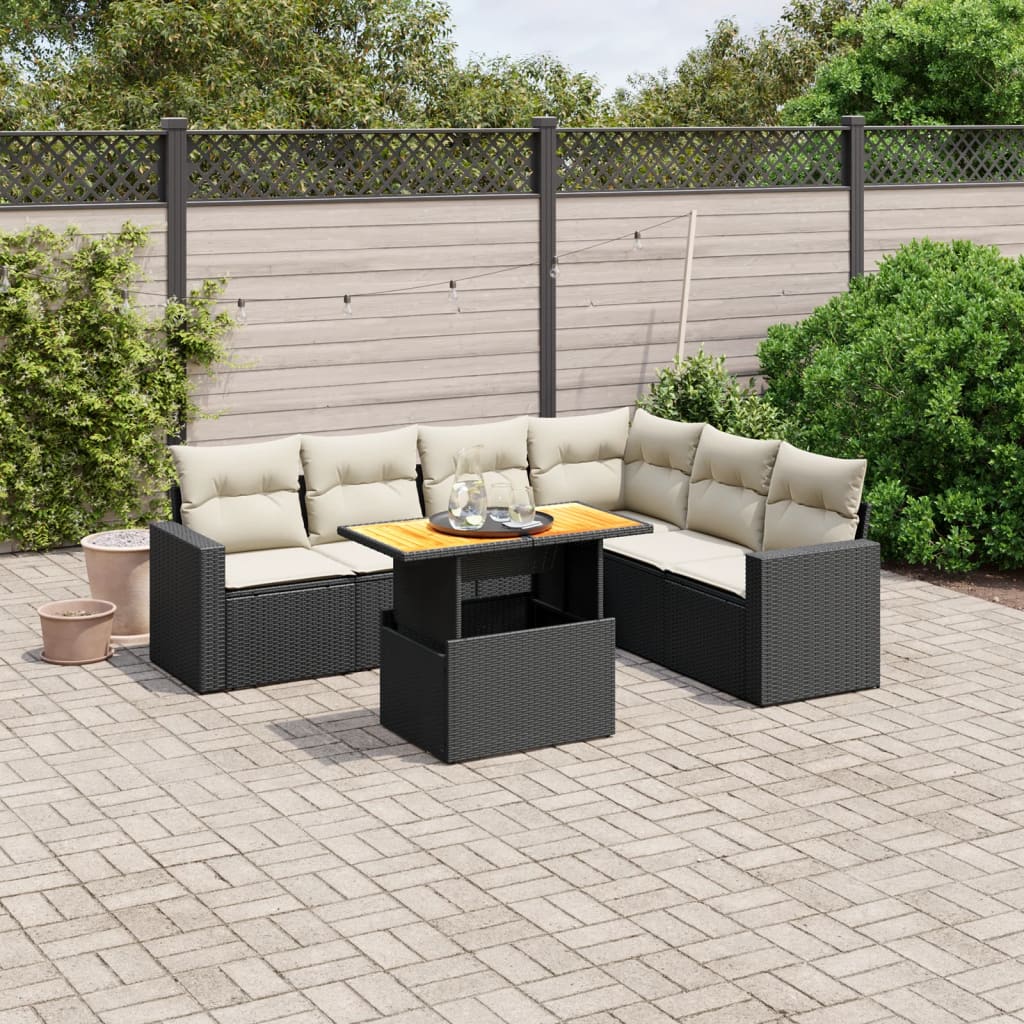 7-tlg. Garten-Sofagarnitur mit Kissen Schwarz Poly Rattan