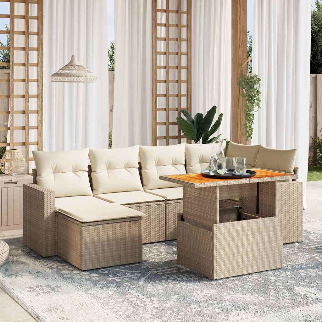 7-tlg. Garten-Sofagarnitur mit Kissen Beige Poly Rattan
