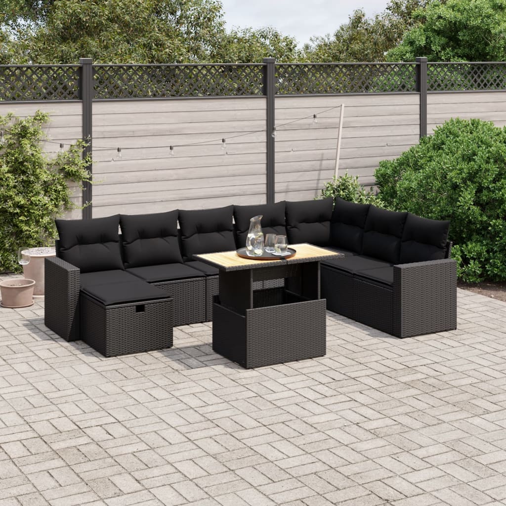 9-tlg. Garten-Sofagarnitur mit Kissen Schwarz Poly Rattan