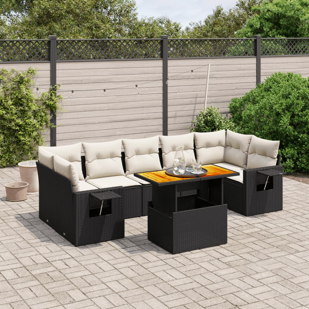 8-tlg. Garten-Sofagarnitur mit Kissen Schwarz Poly Rattan