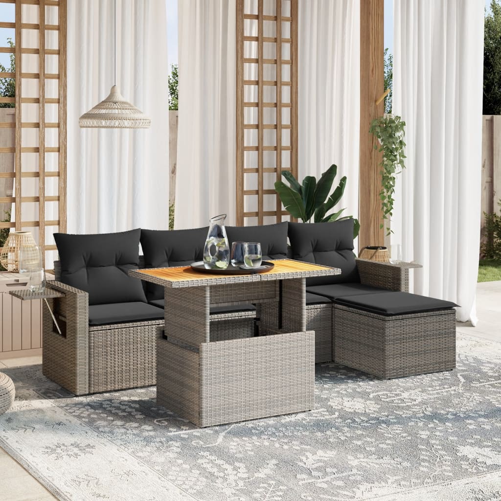 6-tlg. Garten-Sofagarnitur mit Kissen Grau Poly Rattan