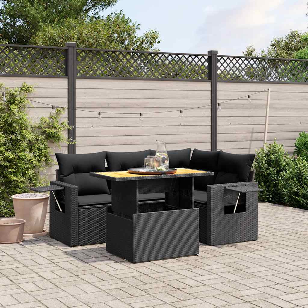 5-tlg. Garten-Sofagarnitur mit Kissen Schwarz Poly Rattan