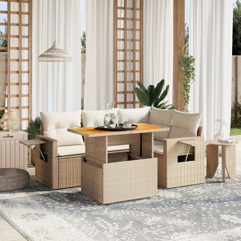 5-tlg. Garten-Sofagarnitur mit Kissen Beige Poly Rattan