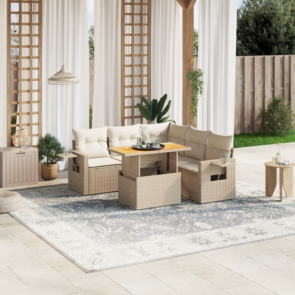 6-tlg. Garten-Sofagarnitur mit Kissen Beige Poly Rattan