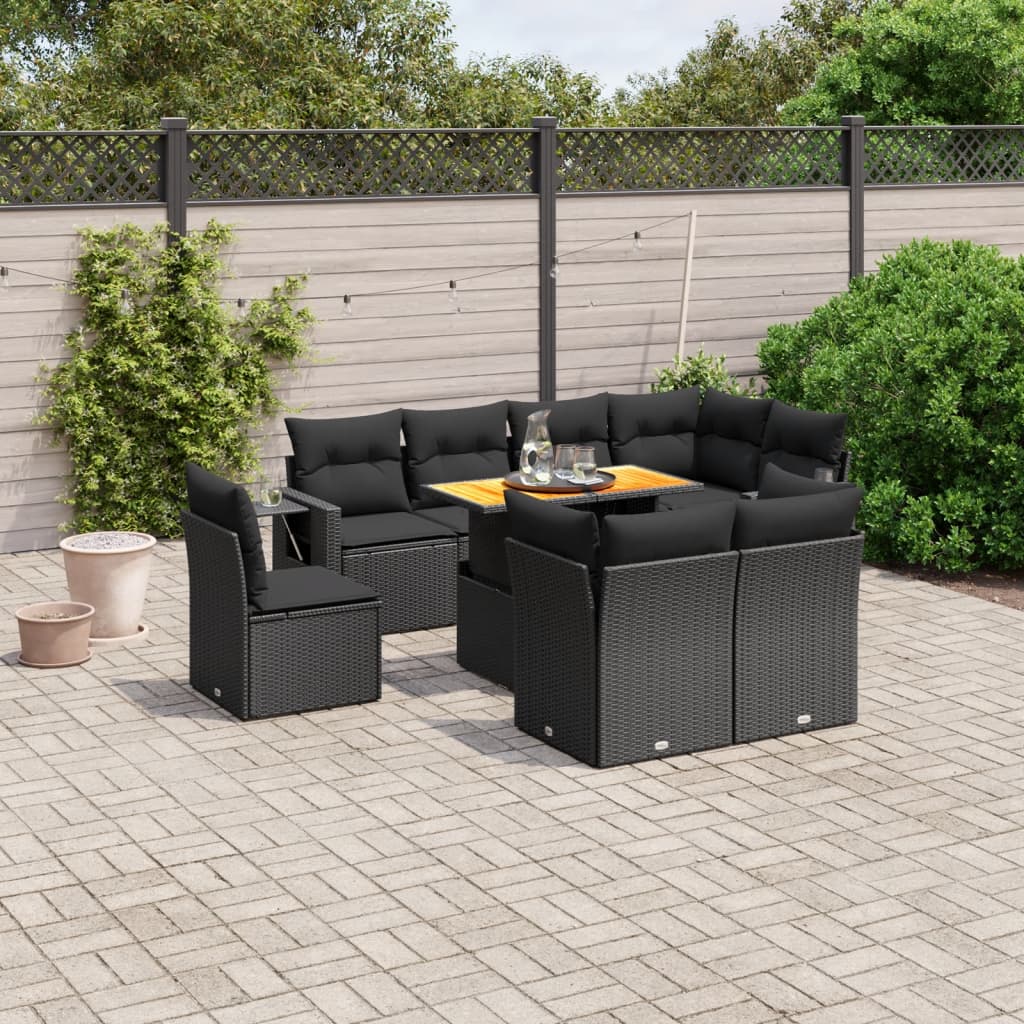 9-tlg. Garten-Sofagarnitur mit Kissen Schwarz Poly Rattan