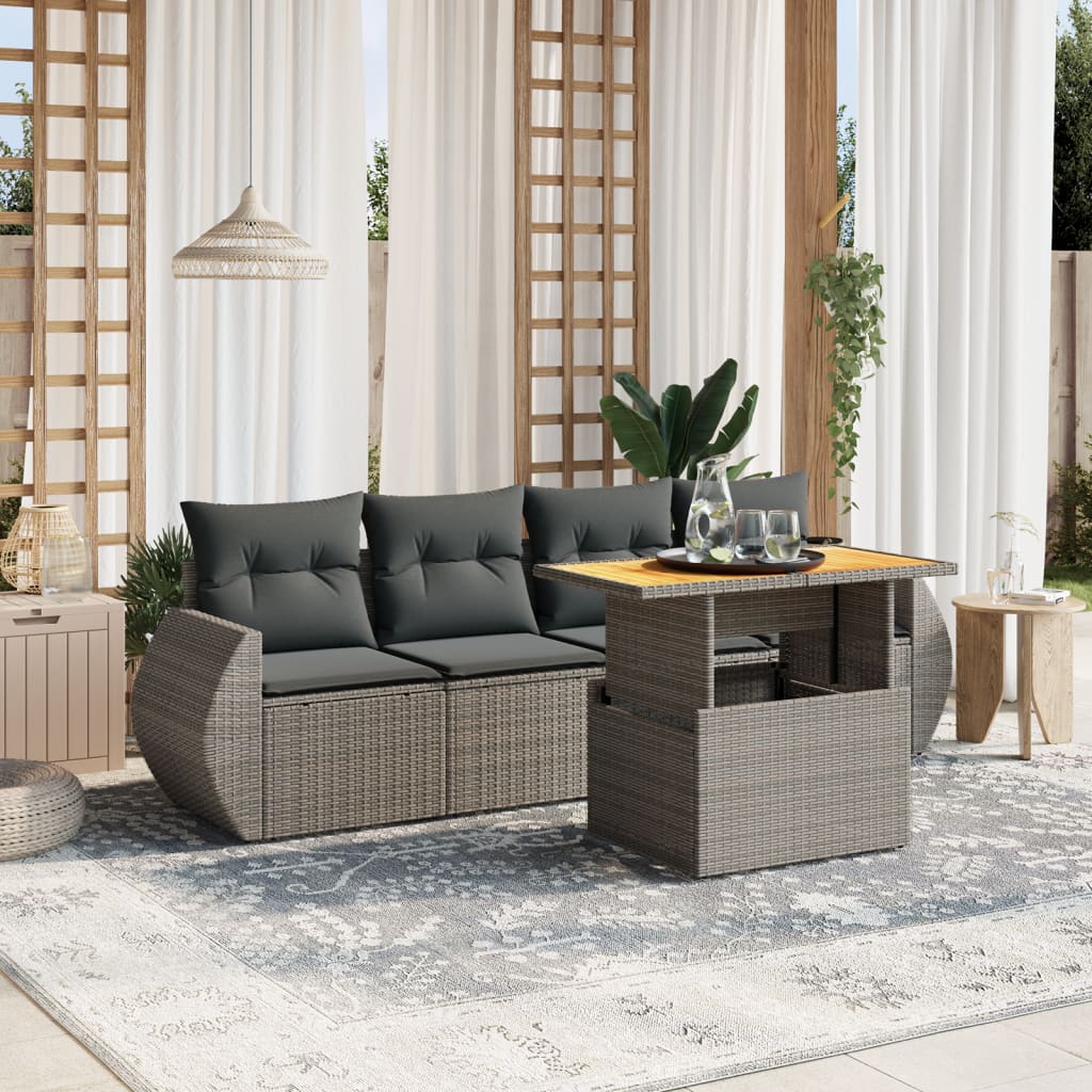 5-tlg. Garten-Sofagarnitur mit Kissen Grau Poly Rattan