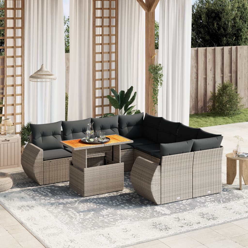 9-tlg. Garten-Sofagarnitur mit Kissen Grau Poly Rattan