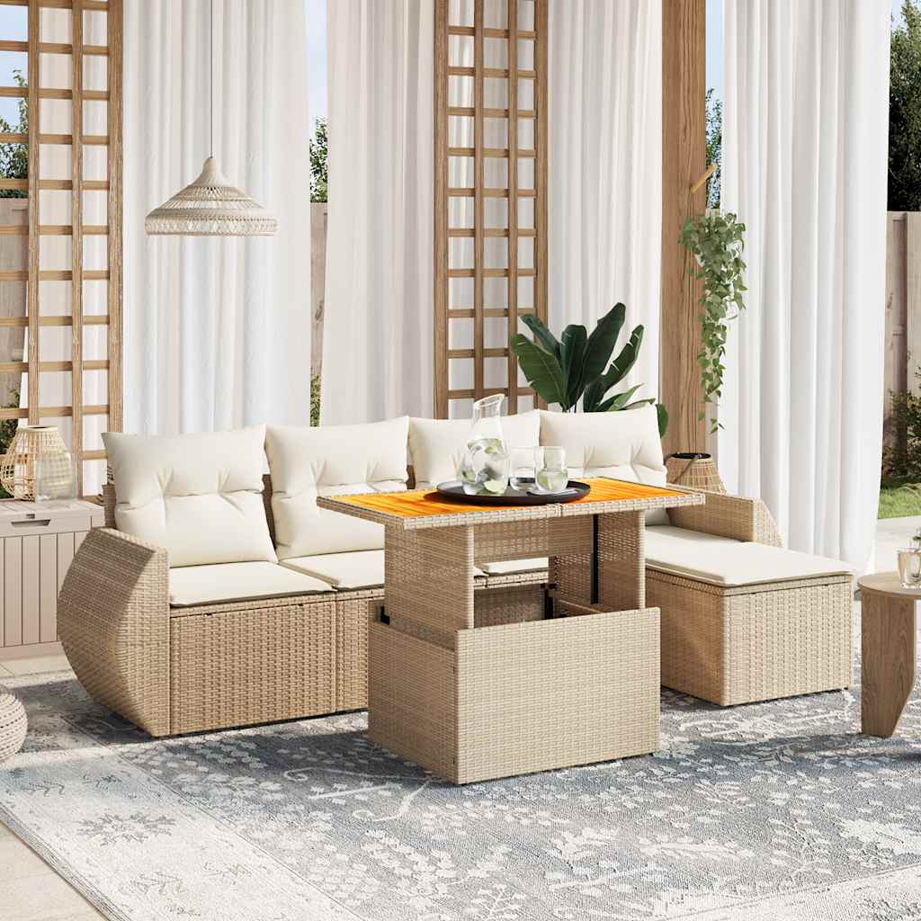 6-tlg. Garten-Sofagarnitur mit Kissen Beige Poly Rattan