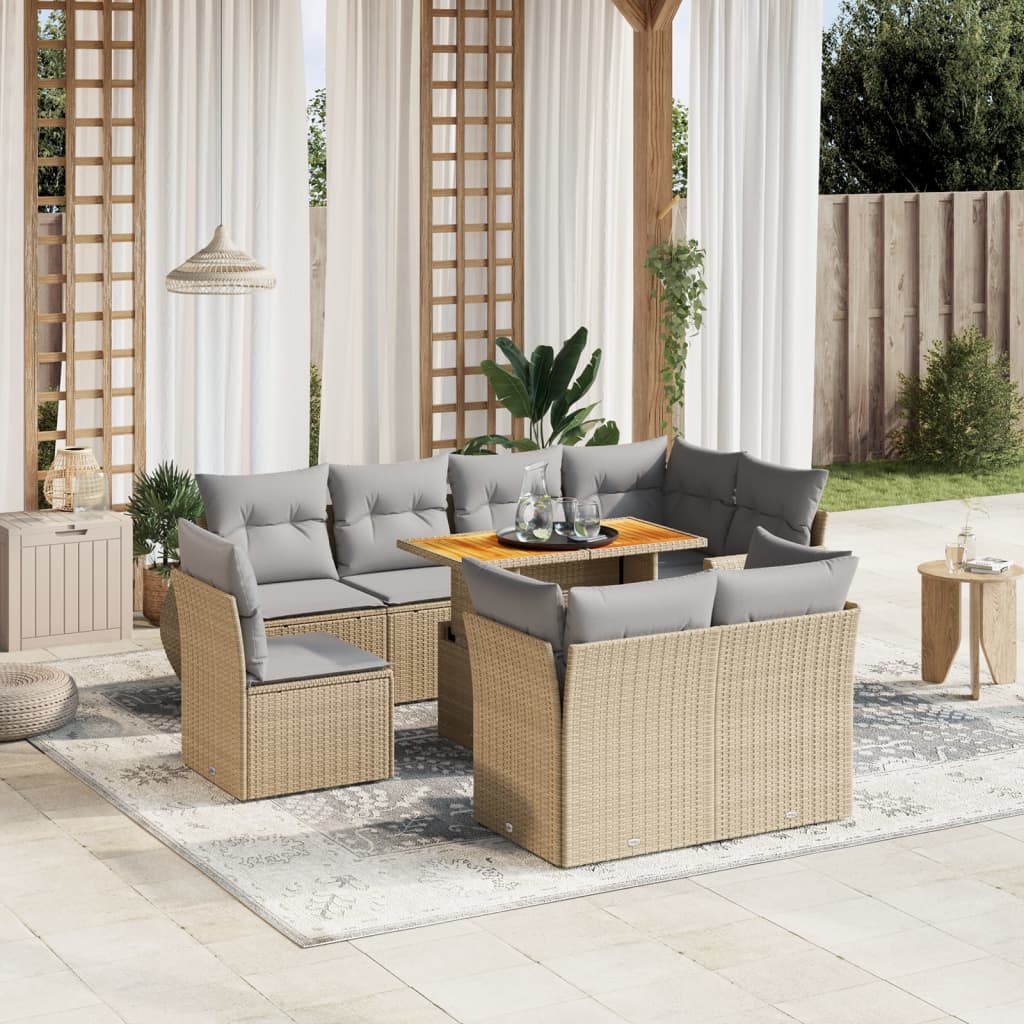 9-tlg. Garten-Sofagarnitur mit Kissen Beige Poly Rattan