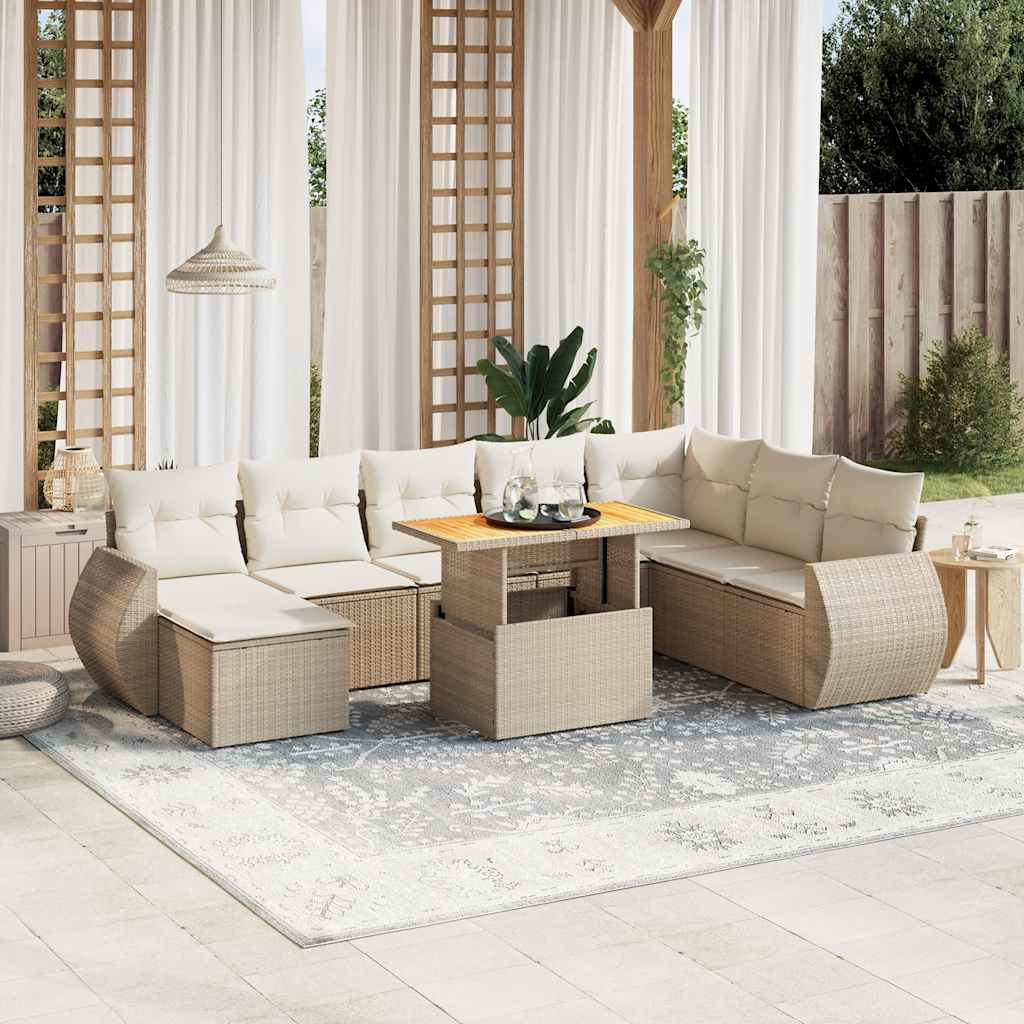 9-tlg. Garten-Sofagarnitur mit Kissen Beige Poly Rattan