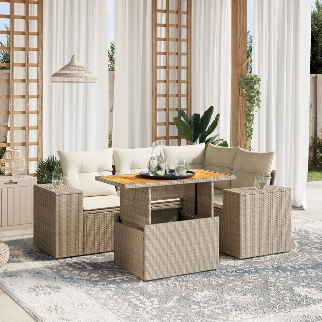 5-tlg. Garten-Sofagarnitur mit Kissen Beige Poly Rattan