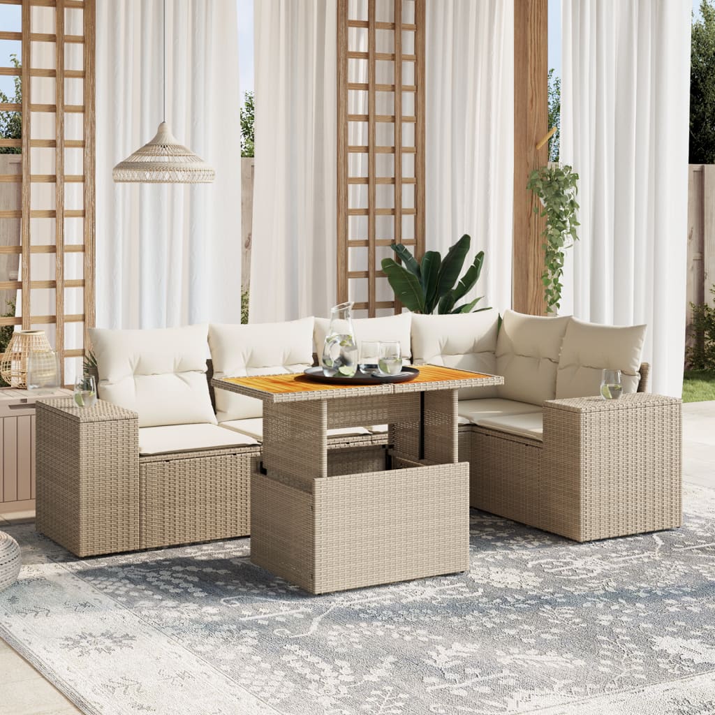 6-tlg. Garten-Sofagarnitur mit Kissen Beige Poly Rattan