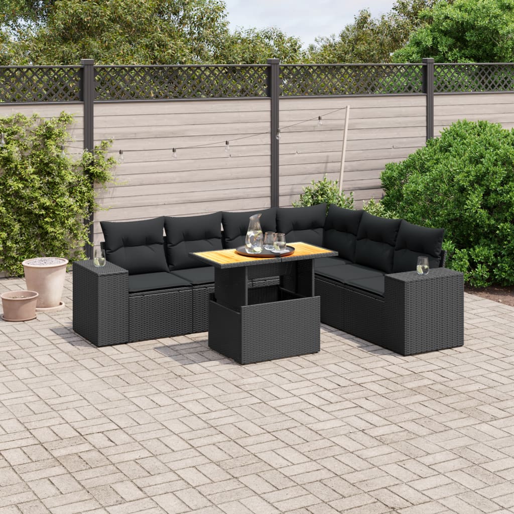 7-tlg. Garten-Sofagarnitur mit Kissen Schwarz Poly Rattan