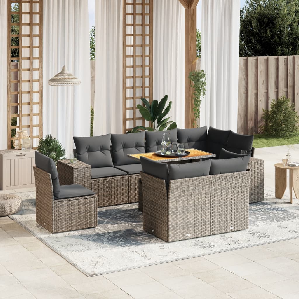 9-tlg. Garten-Sofagarnitur mit Kissen Grau Poly Rattan