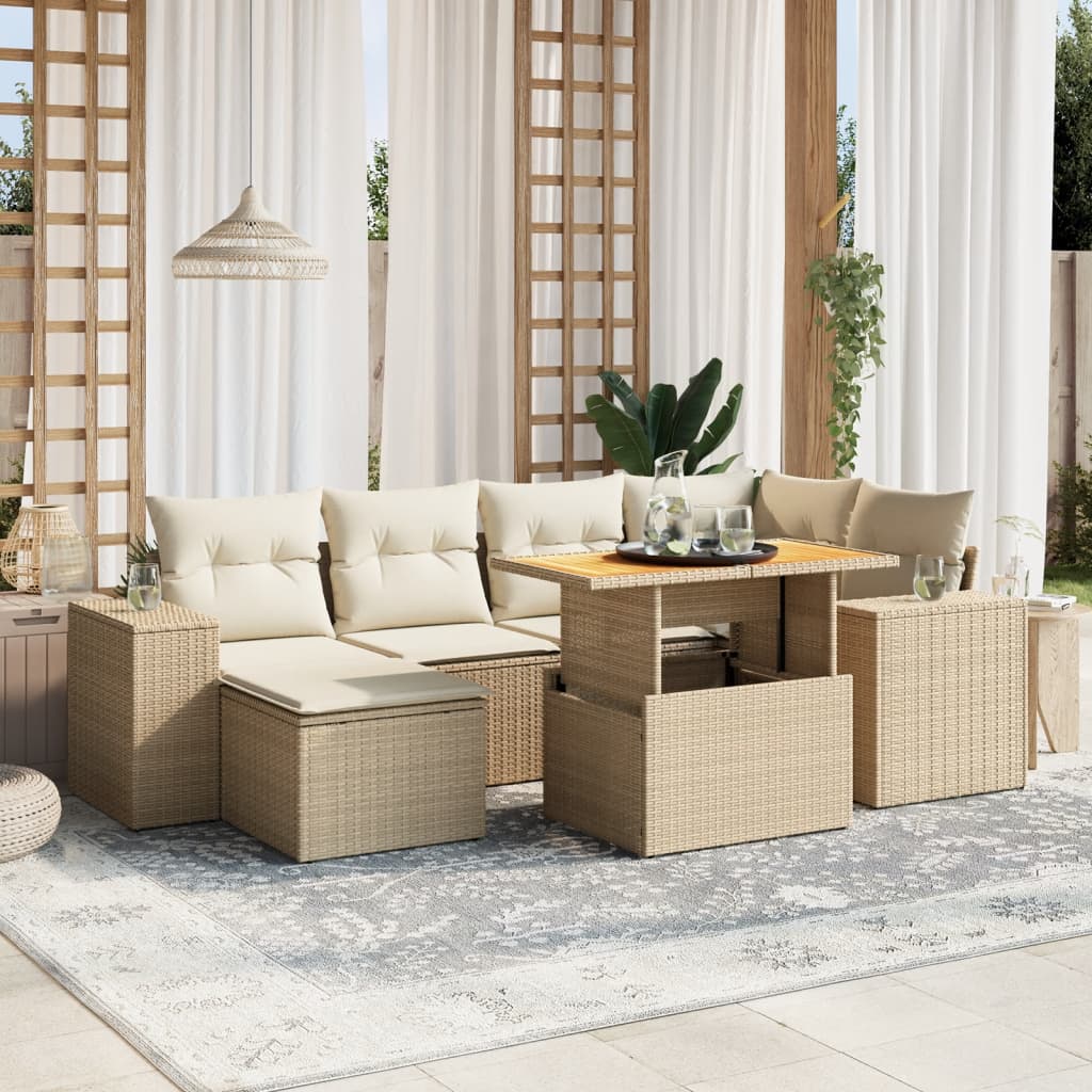 7-tlg. Garten-Sofagarnitur mit Kissen Beige Poly Rattan