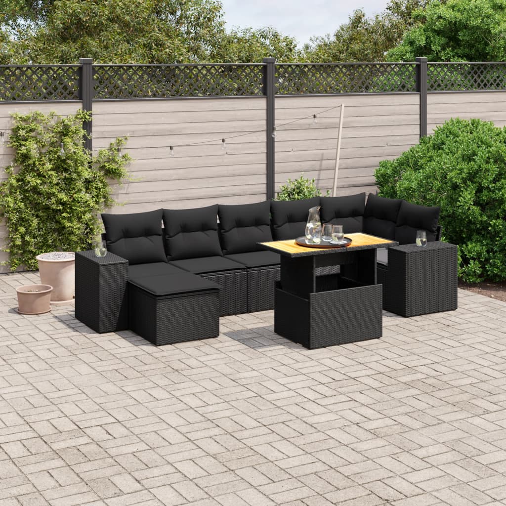 8-tlg. Garten-Sofagarnitur mit Kissen Schwarz Poly Rattan
