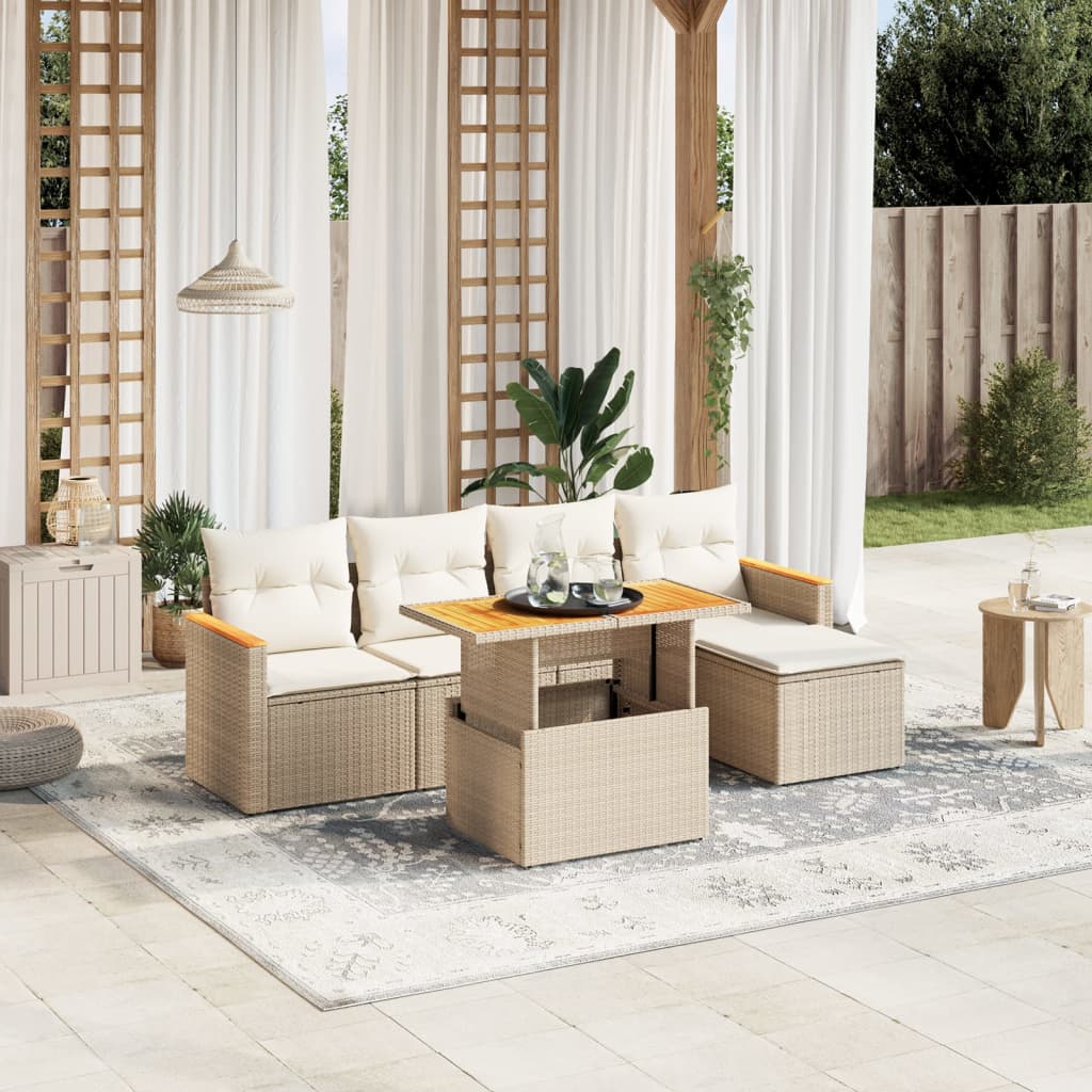 6-tlg. Garten-Sofagarnitur mit Kissen Beige Poly Rattan