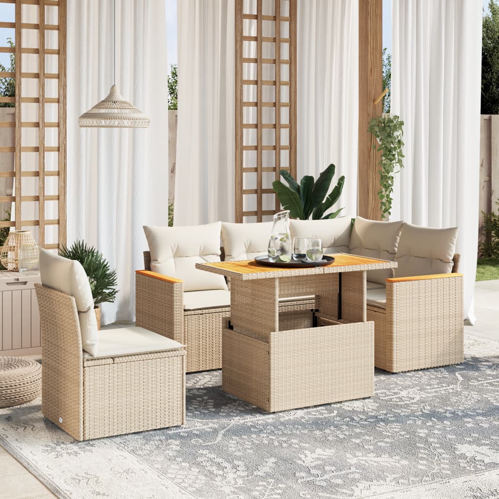 6-tlg. Garten-Sofagarnitur mit Kissen Beige Poly Rattan