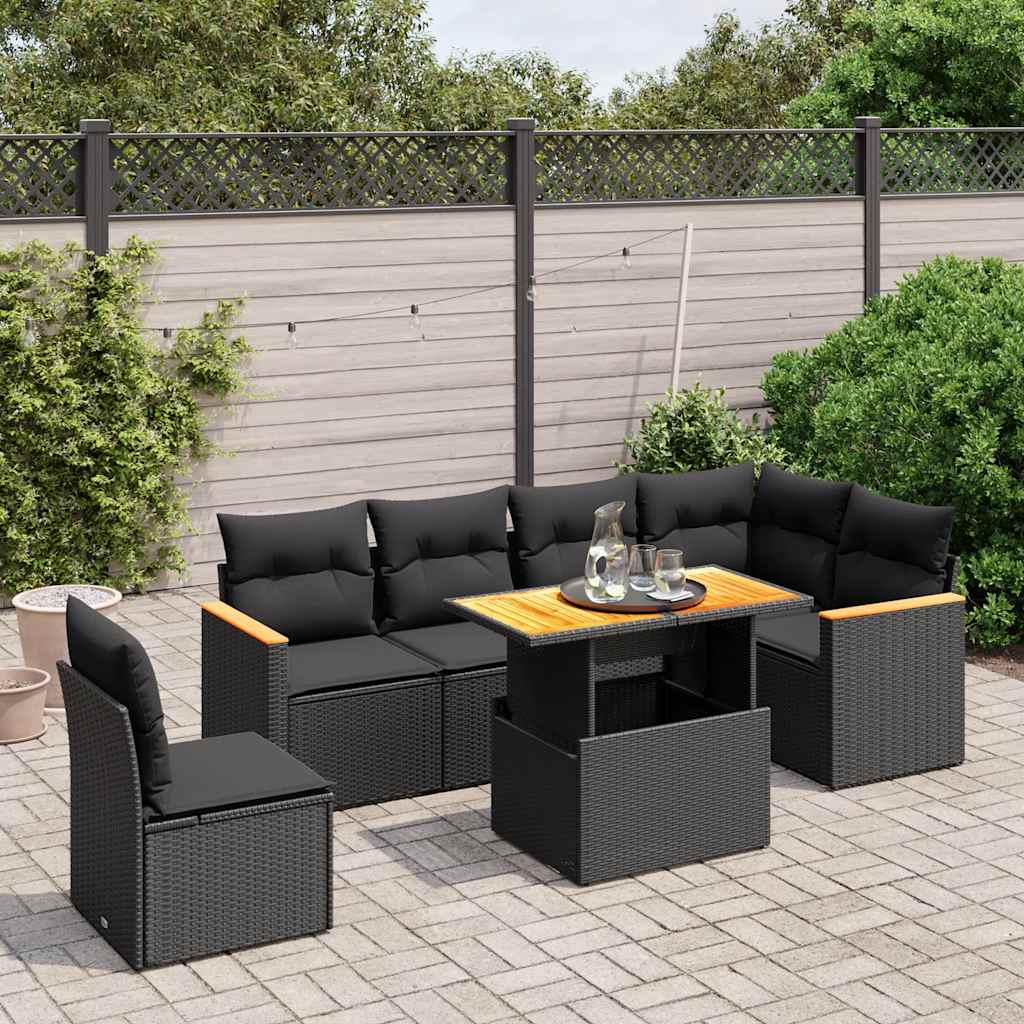 7-tlg. Garten-Sofagarnitur mit Kissen Schwarz Poly Rattan