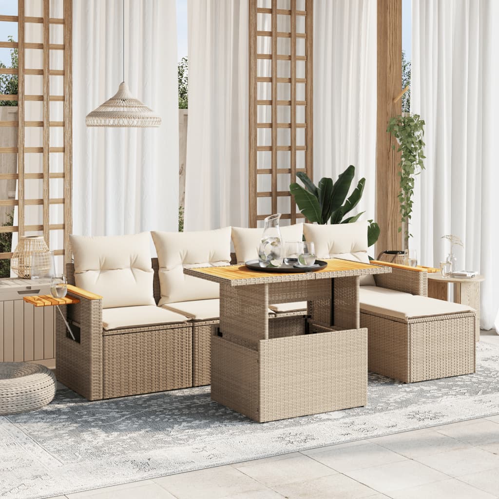 6-tlg. Garten-Sofagarnitur mit Kissen Beige Poly Rattan