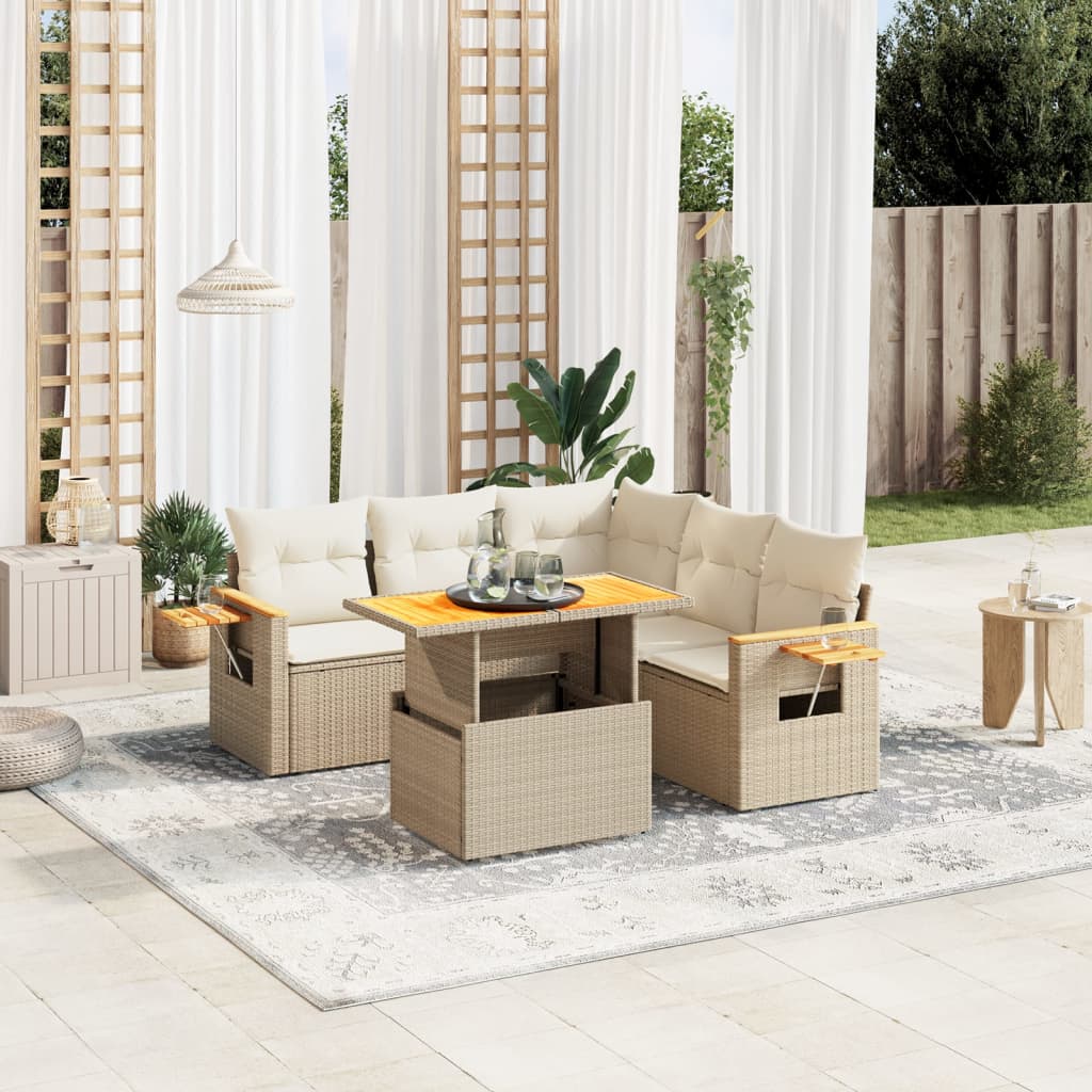 6-tlg. Garten-Sofagarnitur mit Kissen Beige Poly Rattan