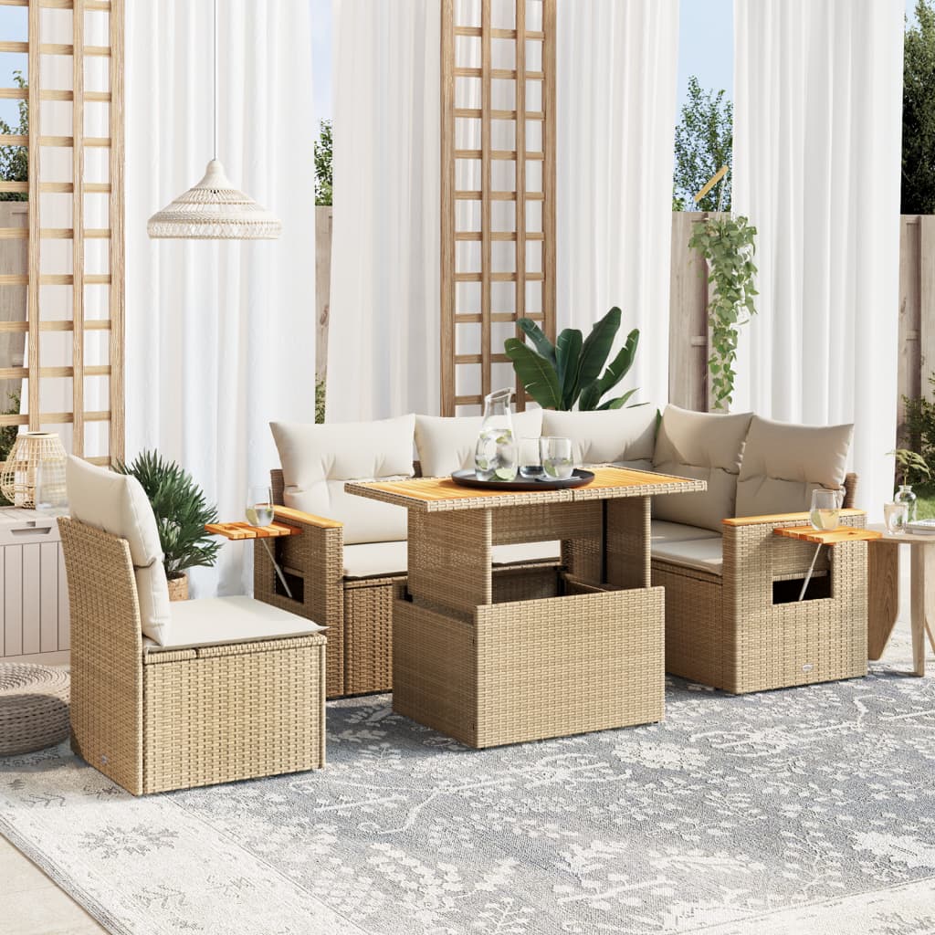 6-tlg. Garten-Sofagarnitur mit Kissen Beige Poly Rattan